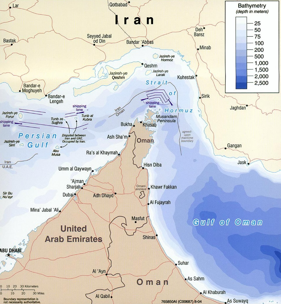 Map showing the Strait of Hormuz and the Persian Gulf